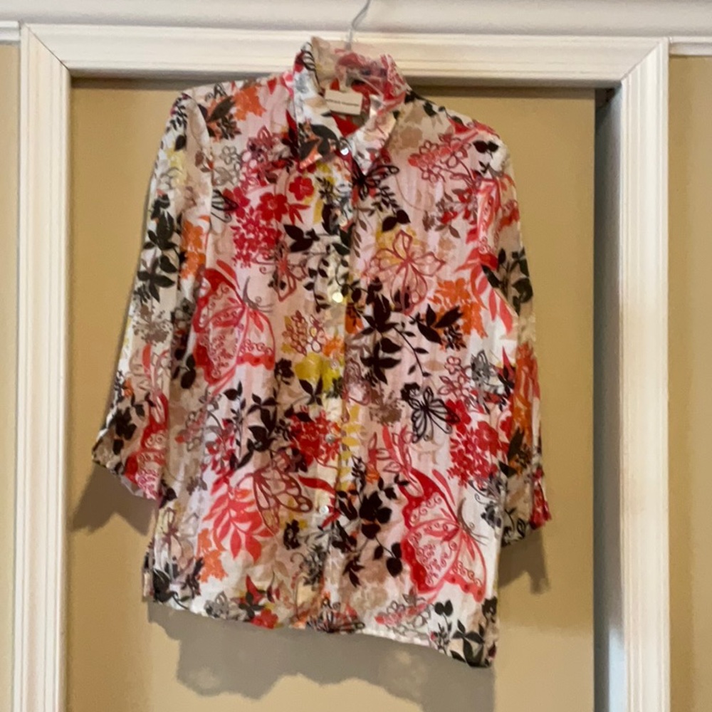 Retro Alfred Dunner Linen cream brown orange Floral Butterfly top 12